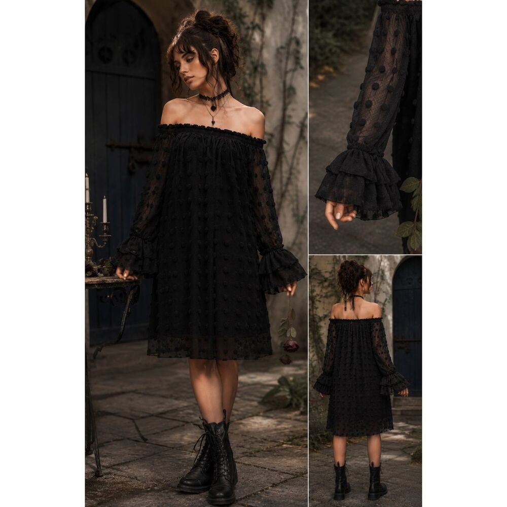 Black Off Shoulder Swiss Dot Net Dress Whimsigoth Witchy Boho Ruffle Sleeve